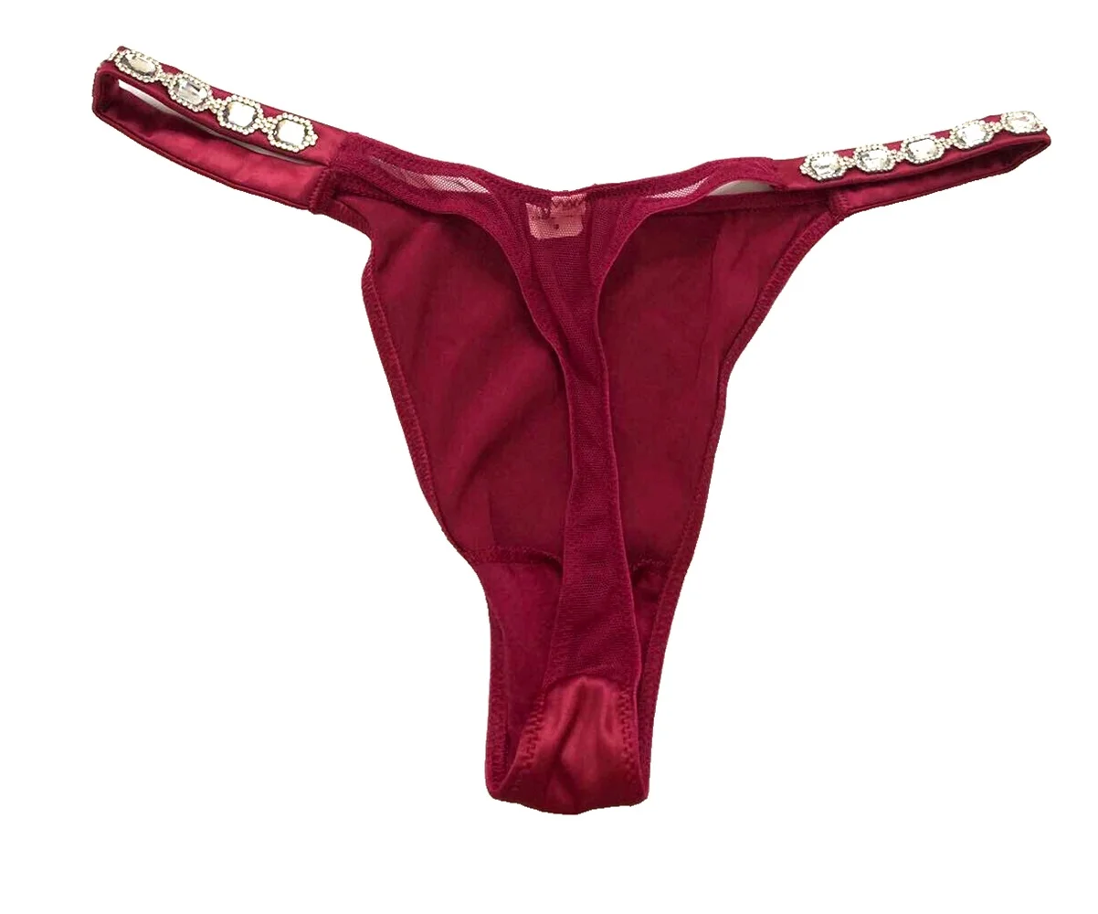 Victoria's Secret Dream Angels Bejeweled Strap Satin Thong Panty Claret Red Size X-Small NWT