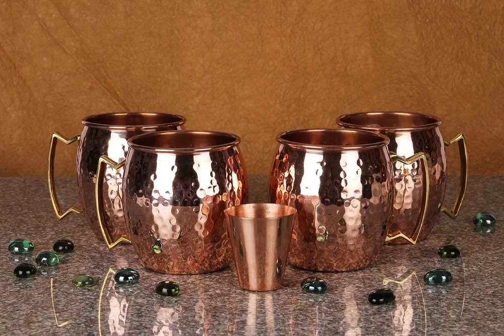 A29 Moscow Mule 4 Handcrafted Copper Mugs & 4 Copper Straws & Shot Glass