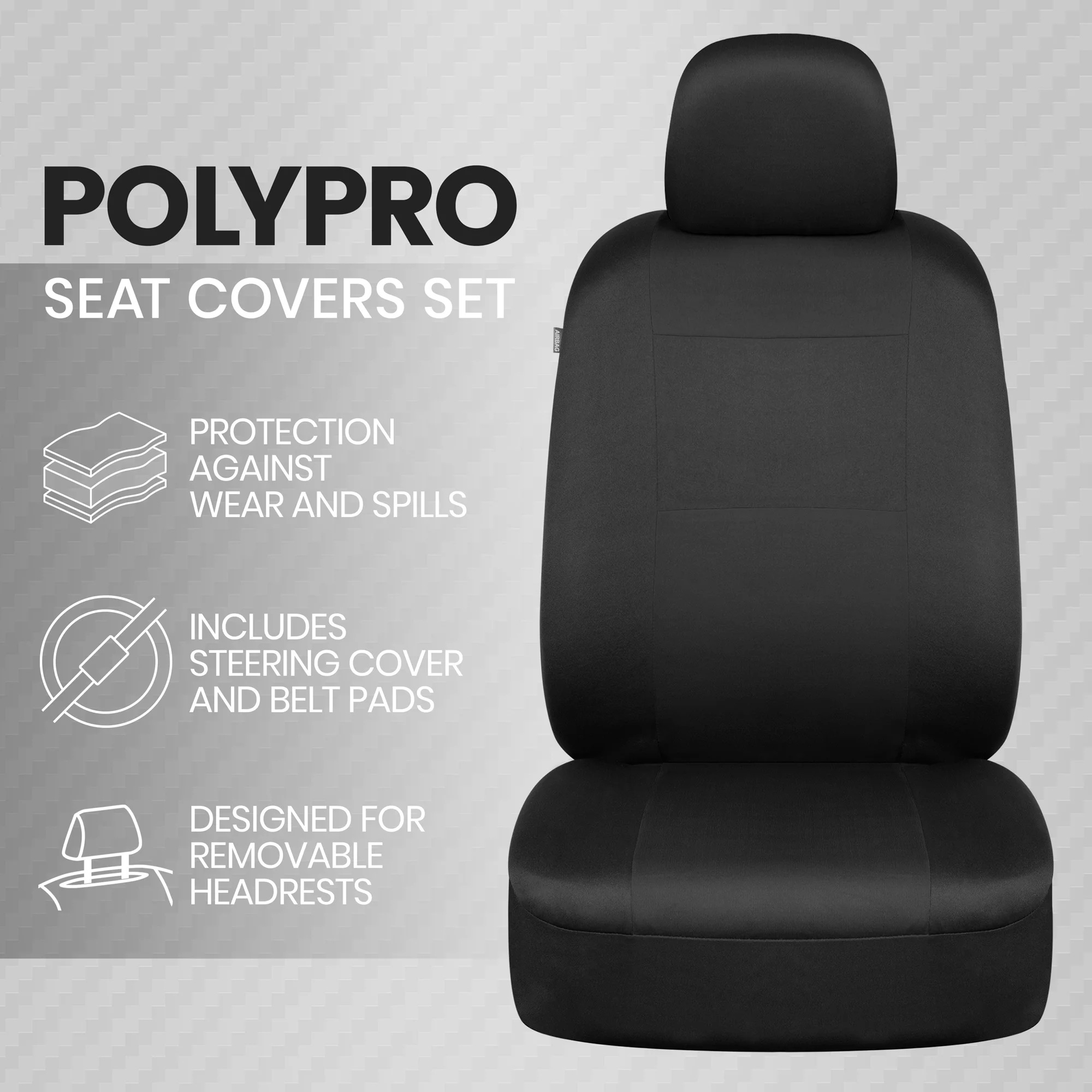 BDK PolyPro Car Seat Covers Full Set in Solid Black with Steering Wheel Cover & Seat Belt Pads – Front and Rear Split Bench Car Seat Cover, Easy to Install, Interior Covers for Auto Truck Van SUV