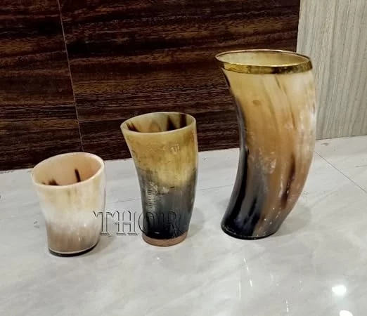 Viking Drinking Ox Horn Mug for Hot & Cold Drinks with Shot Glass/Food Grade Medieval Style Man's Beer & Mead Cup Handmade Gift Rustic Vintage Home Decor Gifts