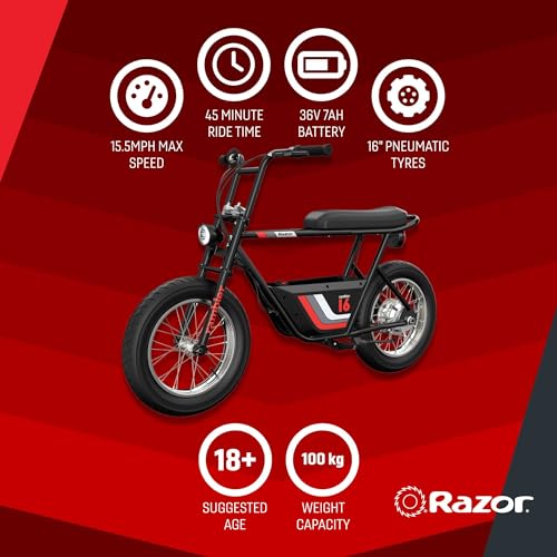 Razor Rambler 16 – 36V Electric Minibike with Retro Style, Up to 15.5 MPH, Up to 11.5 Miles Range & Retrospec Dakota Bicycle/Skateboard Helmet for Adults - Commuter, Bike, Skate, Scooter