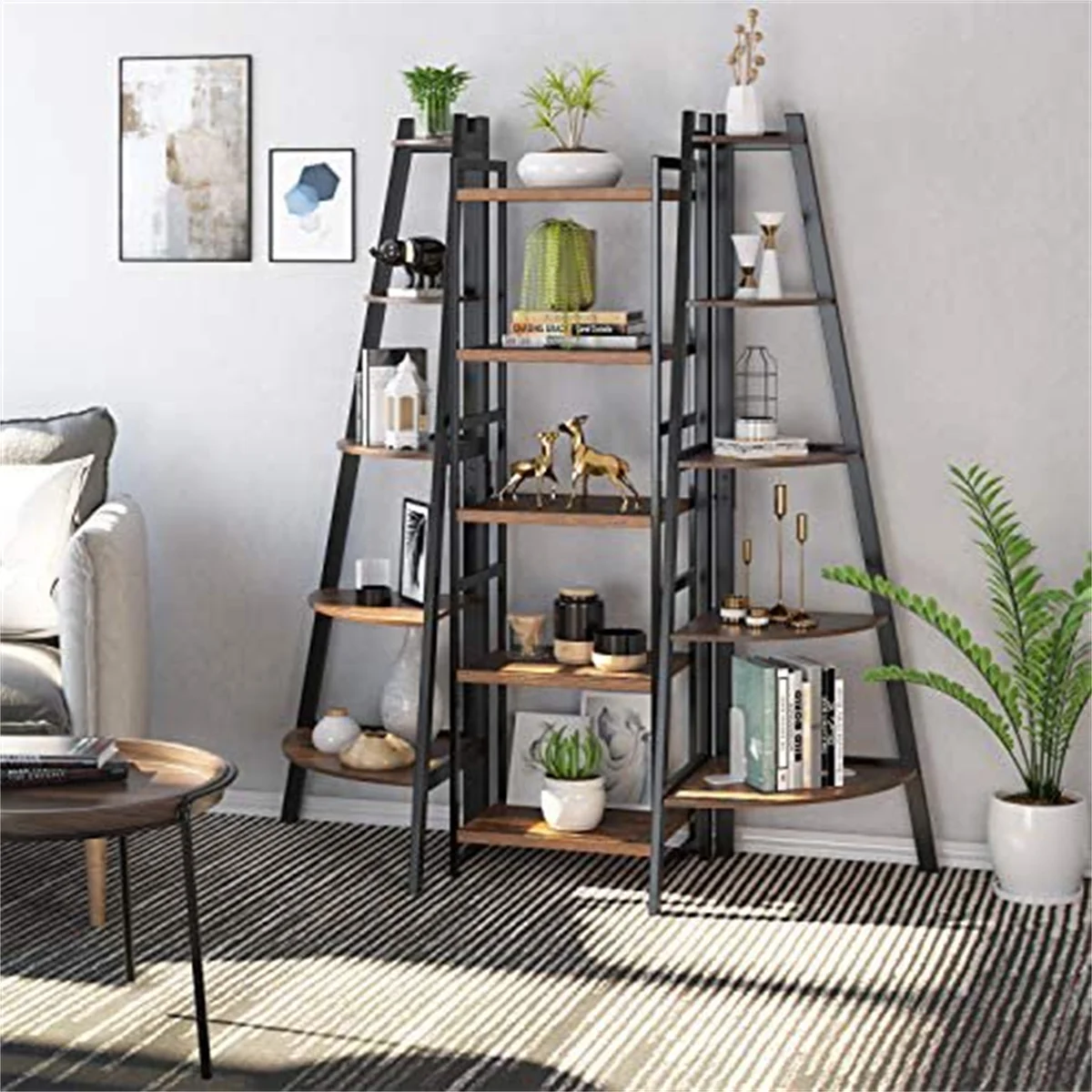Homfa Tall Narrow Bookcase, Wood Iron Etagere Bookshelf, 59.1'' H 5 Tier Country Bookshelves for Living Room, Dark Brown Finish