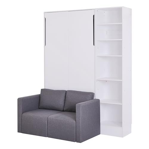 MERITLINE Queen Murphy Bed with Couch and Storage Shelves,Wood Murphy Bed Cabinet with Storage Shelves and Sofa,Fold up Bed White Murphy Wall Bed Queen Size