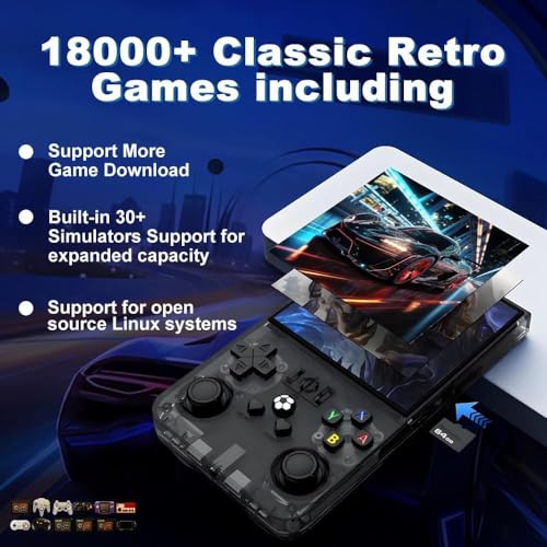 R36MAX Upgraded Retro Gaming Console,4.0 inch IPS Screen,Linux System with Professional RK3326 Gaming Chip, Retro Handheld Game Console Built-in 18000+ Games,4000mAh Large Battery (Transparent Black)