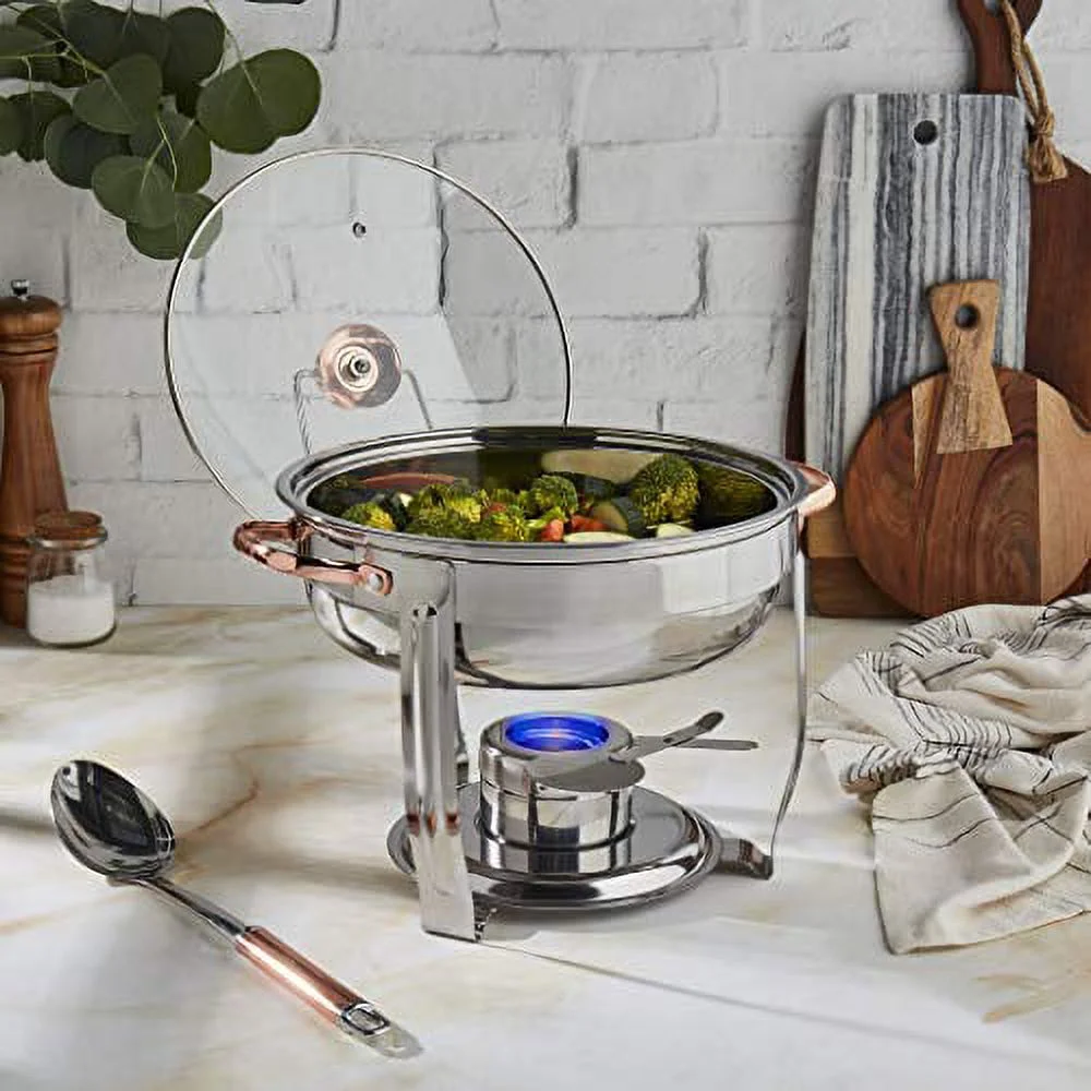 Celebrations by Denmark Tools for Cooks 8 Piece 4 Quart Stainless Steel Round Chafing Dish Set with Glass Lid