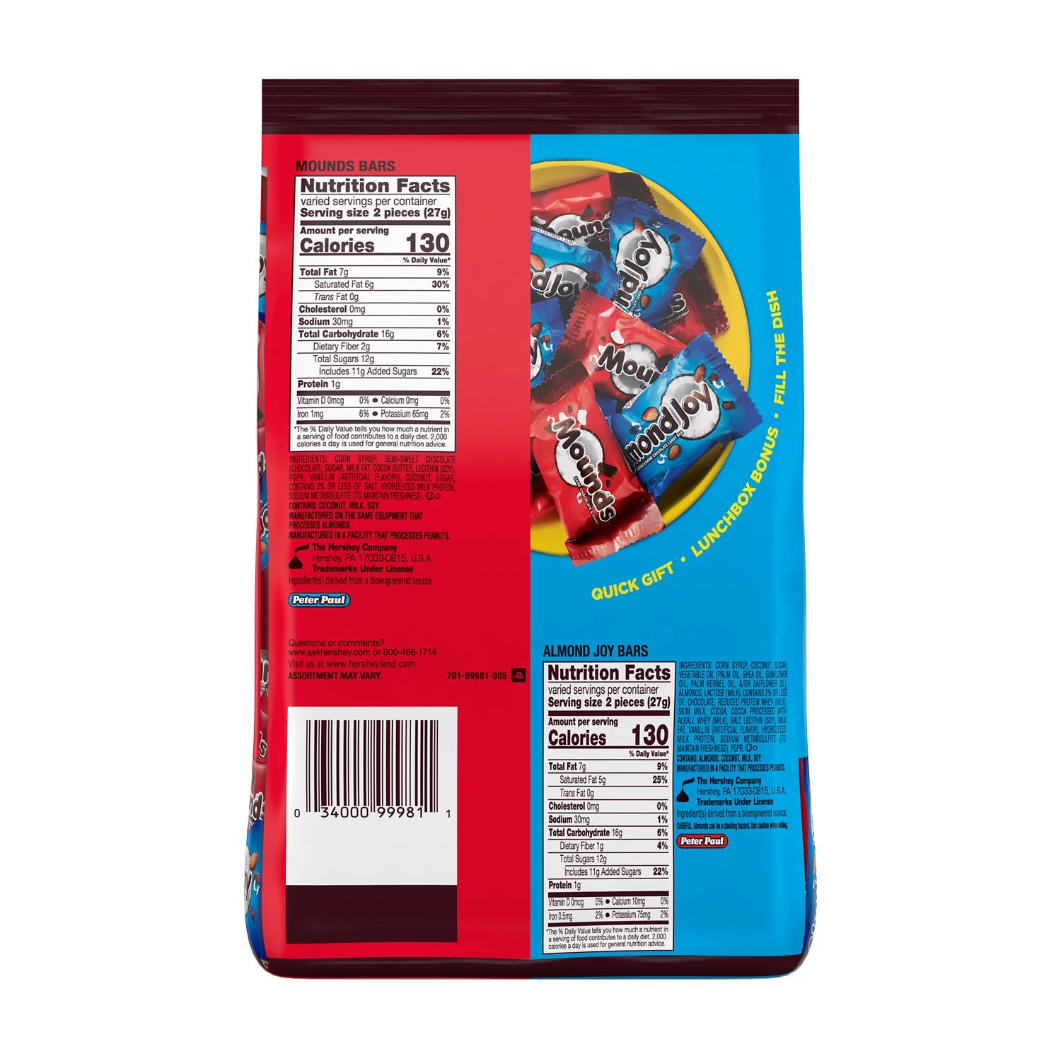 Almond Joy And Mounds Assorted Flavored Candy, Party Pack 32.1 oz