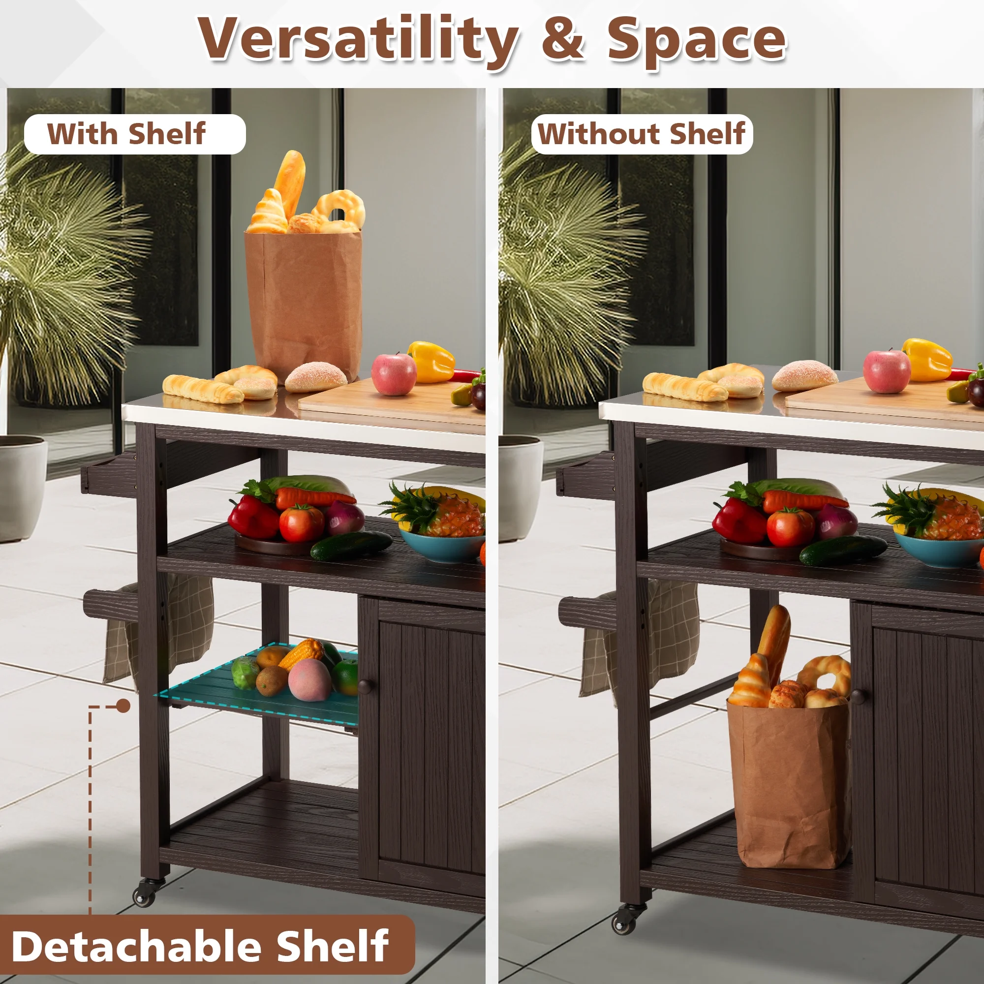 AHB Outdoor Grill Table Solid Wood Storage Cabinet, Rolling Kitchen Island, Movable Bar Cart with Stainless Steel Top, Waterproof Cover for Outside Patio, Backyard, Garden (Brown)