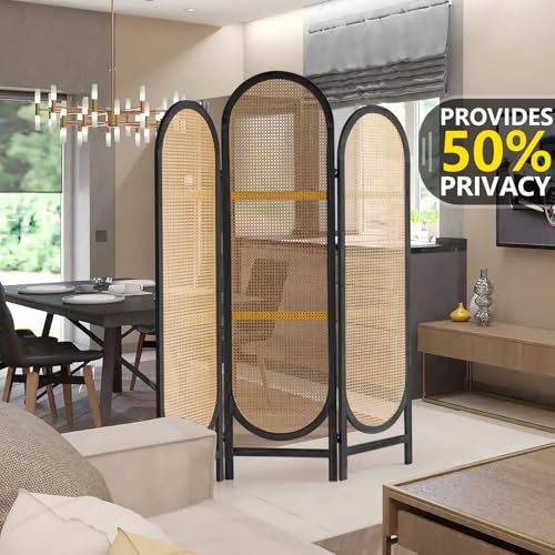 5.9 Ft Tall Hand-Woven Rattan Room Divider 3 Panels, Wood Room Divider Panel, Folding Screen Divider Wall, Wall Divider for Room Separation, Folding Privacy Screen, Home Office - Brown