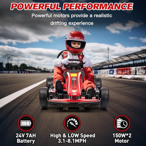 24V Kid Go Kart, 7AH Battery Powered Electric Vehicle, w/150 * 2 Motors, Drifting Car Soft Start, Music, Horn Honking and Safety Belt, Gift for Kids Age 8-12 Years Old, Blue