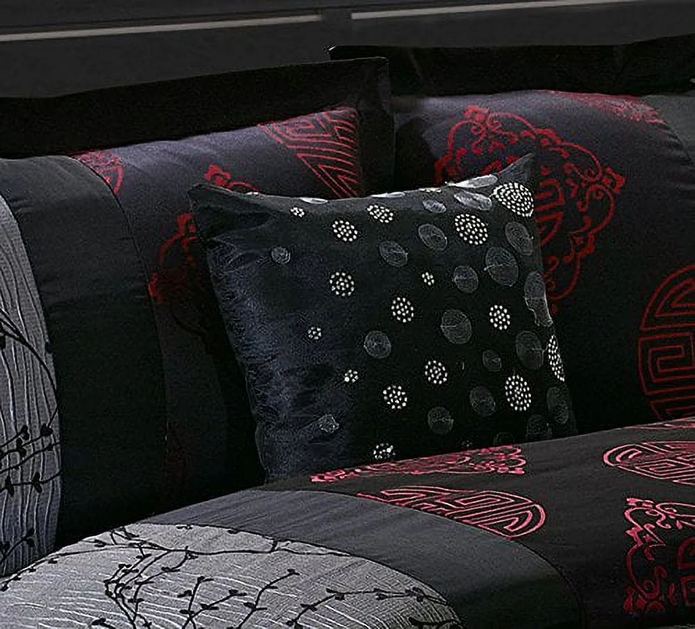 7 Piece SHANGRULA Big Square Patchwork Jacquard Clearance bedding Comforter Set Fade Resistant, Wrinkle Free, No Ironing Necessary, Super Soft, All Sizes Queen King CalKing (Queen, Gray/Red)