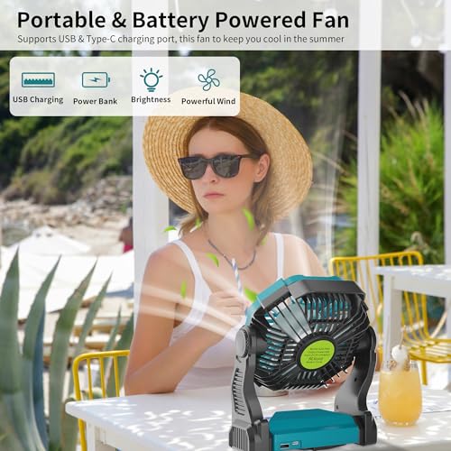 Battery Powered Fan Portable Fan Rechargeable,270°Pivot Battery Operated Fans Camping Fan with LED Light & Hook,USB Personal Rechargeable Outdoor Camping for Tent, Travel