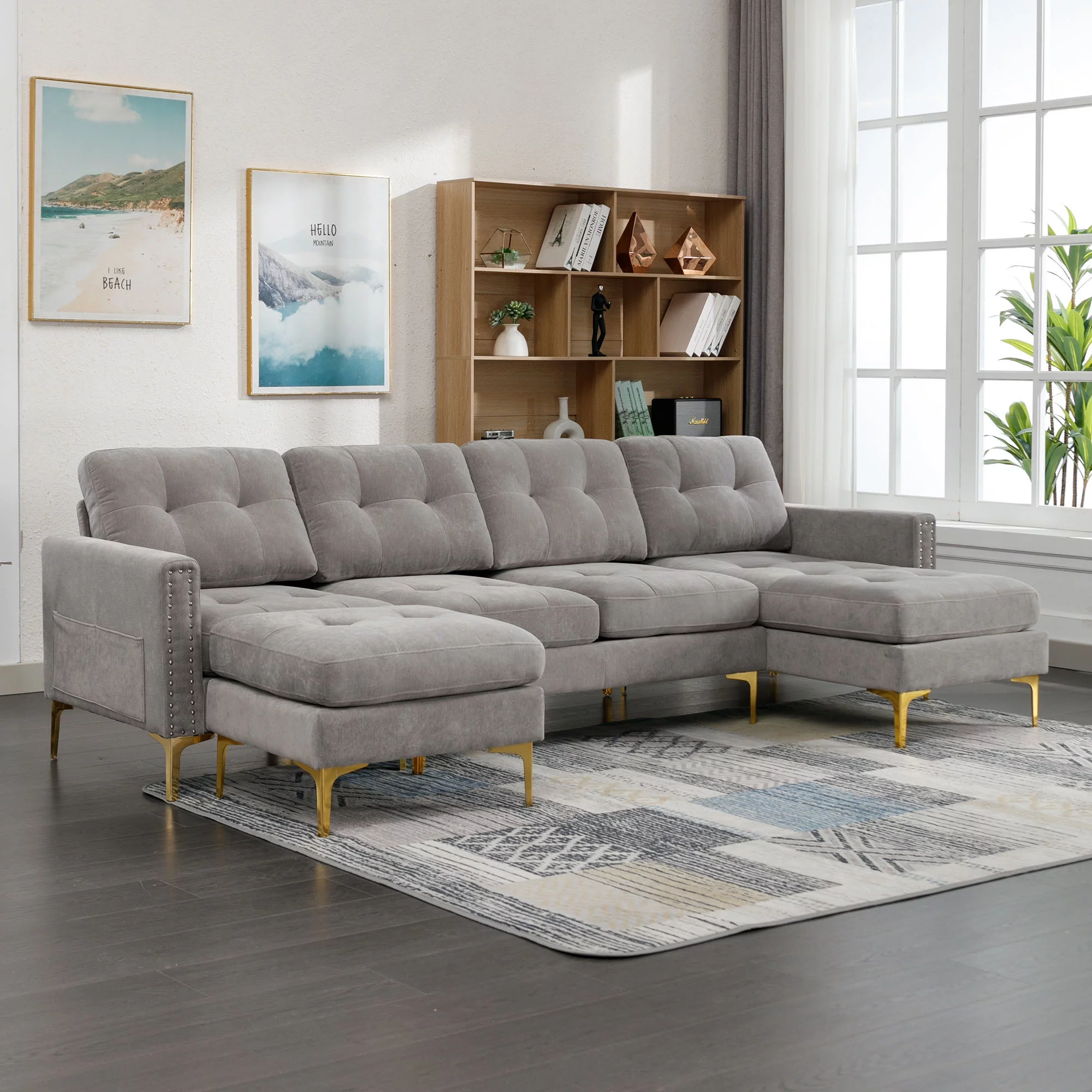 Soges U-Shaped Sectional Sofa with Ottoman, Convertible Couch for Living Room, 5 Seater Sofa, Gray, 110