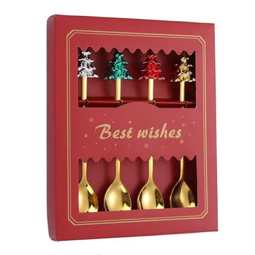 4Pcs Christmas Spoons with Red Paper Box Creative Christmas Tree Stainless Steel Gold Spoons for Coffee Dessert Tea Soup Dinner Tableware Party Supplies