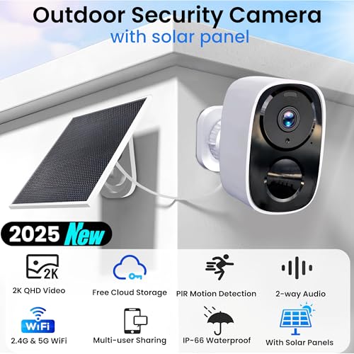 2025 Upgraded 2K Security Cameras Wireless Outdoor, Free Cloud Storage, 1-6 Months Battery Life, Waterproof, 2-Way Talk, AI Motion Detection Spotlight Siren Alarm Cameras for Home Security