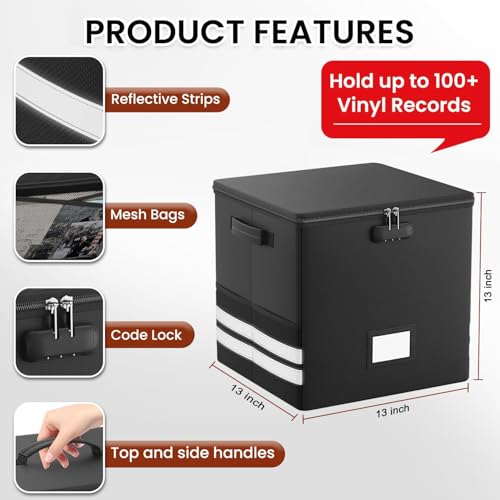 Vinyl Record Storage Box with Lock, Fireproof & Water-Resistant Record Organizer for 100+ 12-inch Vinyl Albums, Collapsible Crate with Lid & Handles, 13