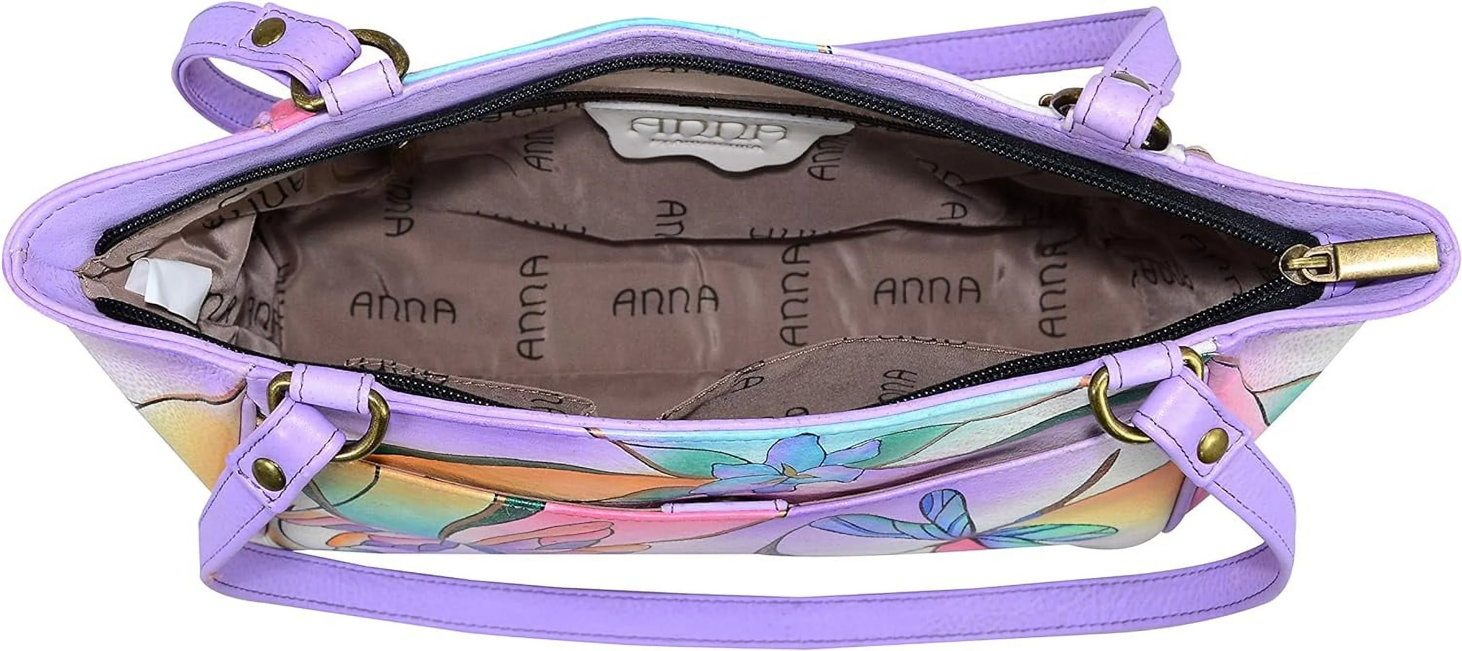 Anna By Anuschka Womens Small Tote Handbag Genuine Leather, Dragonfly Glass Painting