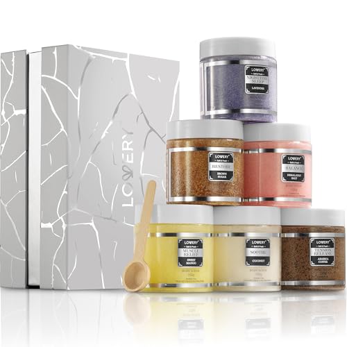 Body Scrub, Christmas Gifts for Women & Men, 6pc Exfoliating Body, Face, Hand Foot Scrub, Himalayan Salt, Brown Sugar, Coconut, Arabica Coffee, Acne Stretch Marks & Cellulite Remover, Essential Oils