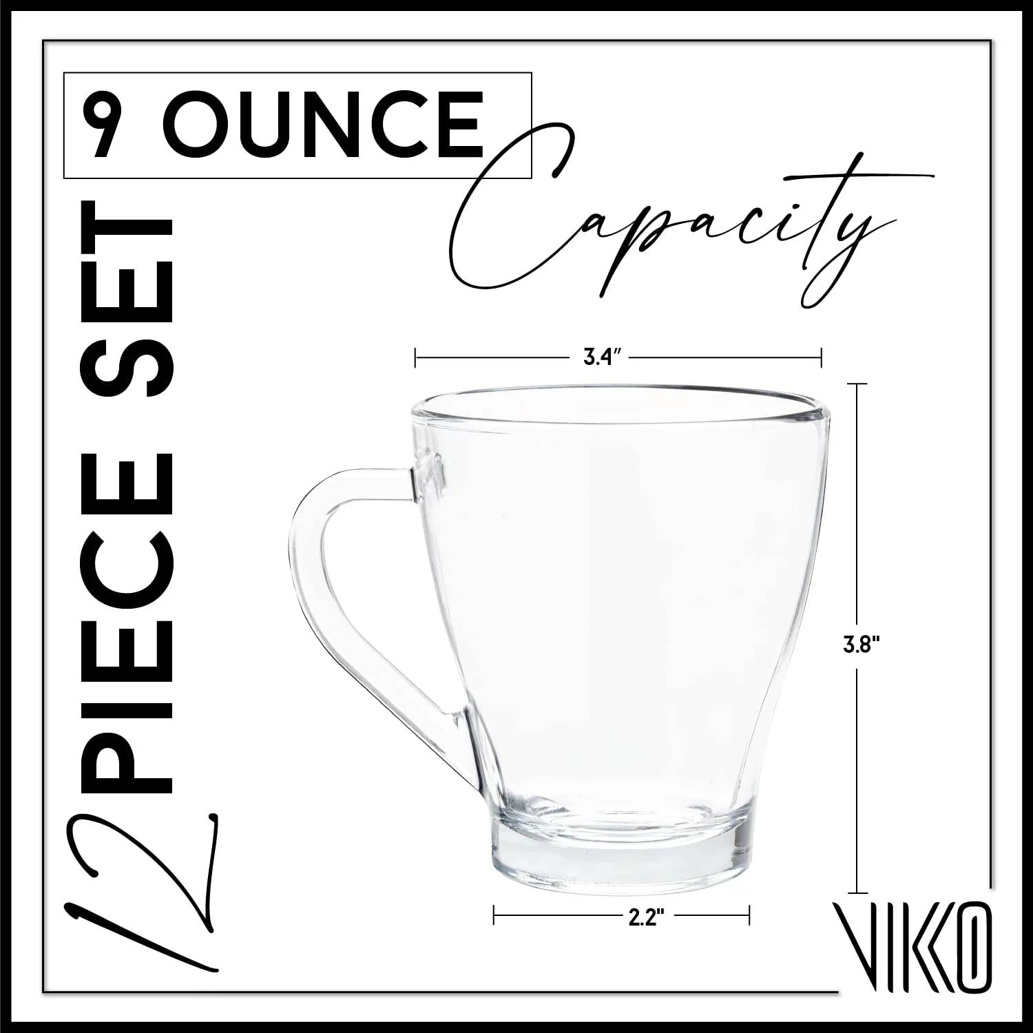 Madison 9 Ounce Glass Coffee Mugs, Thick and Durable, For Coffee, Tea, Cider, etc., Microwave and Dishwasher Safe, Set of 12 Clear Glass Mugs, 3” Diameter x 4.5 Tall”