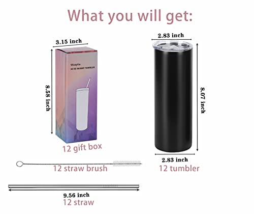 20 Oz Stainless Steel Straight Skinny Tumbler Set (8 Pack), Insulated Slim Thin Travel Cup with Lid, Black