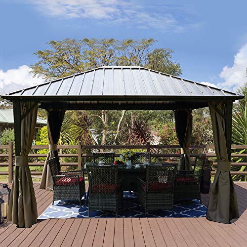 Kozyard 10'x12' Hardtop Gazebo Permanent Metal Pavilion with with 2-Layer Sidewalls Curtains for Patio, Backyard, and Deck Galvanized Steel Outdoor Aluminum Canopy, Double Roof Gazebo (Brown)