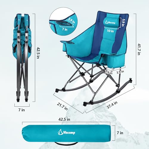 350lbs Rocking Camping Chair, Oversized Fully Padded Patio Chair Lawn Chairs With Cooler Bag Headrest and Cup Holder Rocking Chair Outdoor Folding Chairs For Outside Camping Contest(BlueGreen)