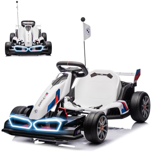 36V Electric Go Kart for Kids, Licensed BMW Battery Powered Drift Racing Go Kart, 7.5 MPH Drift Kart with Dual 300W Powerful Motor, Kids Race Pedal Go Karting Car w/Adjustable Speed, White