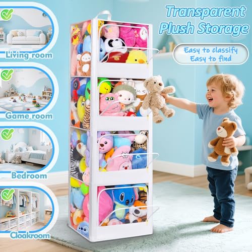 Transparent Stuffed Animal Storage ，Easy to find items Plushies Storage ，Toy Box 62% More Capacity，not collapse，Horizontal and Vertical Dual-Use，4-Tier Space-Saving Toy Bin for Kids Room Living Room