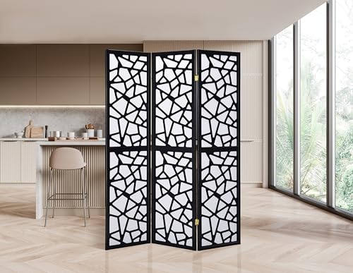 GTU Furniture Japanese Style 3 Panels Wood Shoji Room Divider Screen Oriental for Home/Office (Geometric Black)