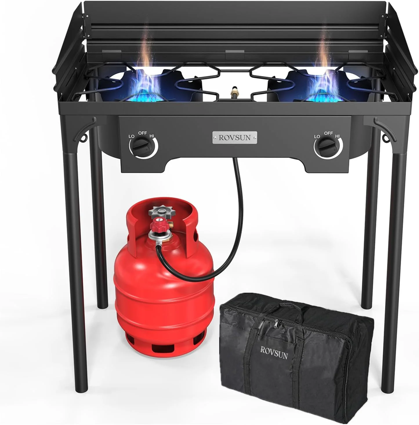 QCAI 2 Burner Outdoor Propane Gas Stove with Windpanel, Carrying Bag & Regulator, 150,000 BTU Stand Cooker for Backyard Cooking Camping Home Brewing Canning Turkey Frying