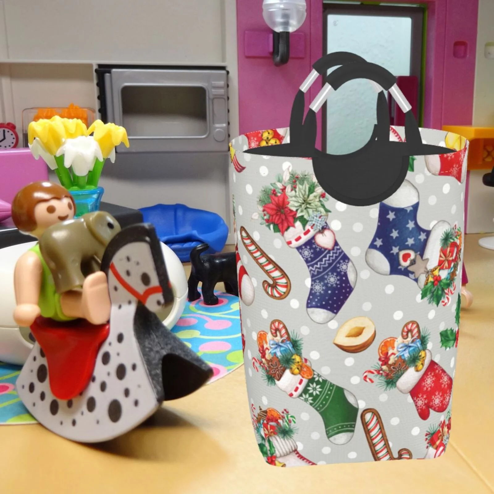 XMXT Collapsible Laundry Basket Hamper, Cartoon Christmas Stocking Large Laundry Bag Clothes Hamper with Aluminum Handle, 50L