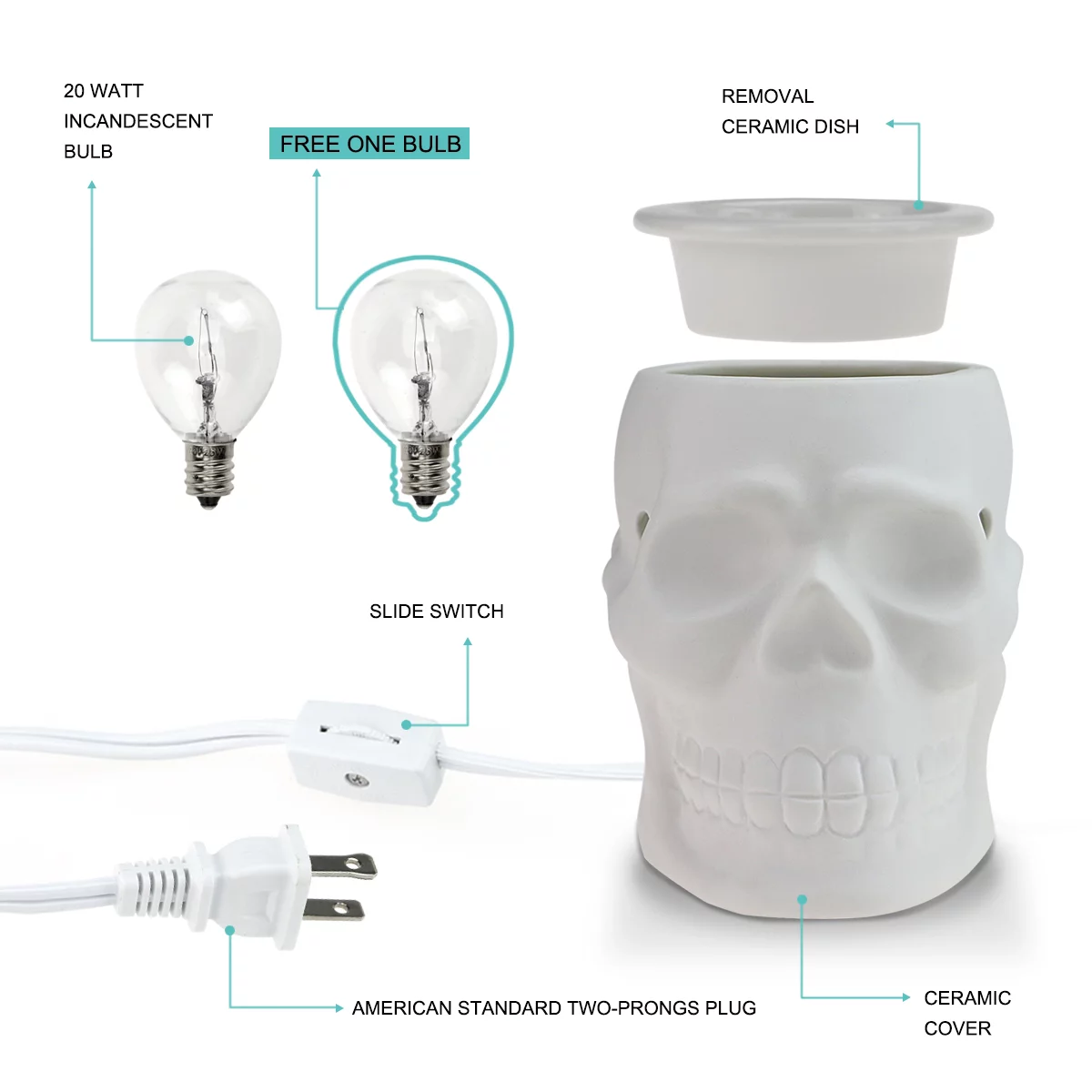 Star Moon Electric Wax Warmer Ceramic Wax Candle Melter for Home Decor, Resurgent Skull, White