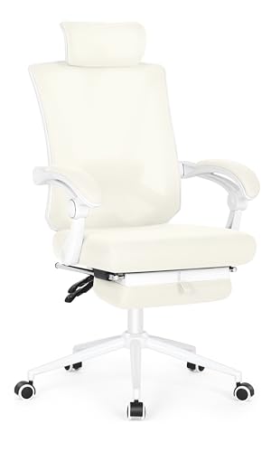 Misolant Ergonomic Office Chair with Footrest, Ergonomic Desk Chair with Adjustable 2D Lumbar Support, High Back Computer Chair with Adjustable Headrest, White Comfortable Leather Office Chairs