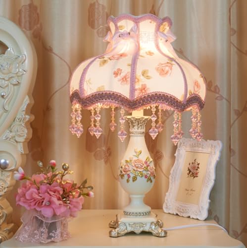 Floral Victorian Lamp Green Fabric Table Lamp European Pastoral Night Stand Lamp Romantic 1 Light Cute Pink Flower Desk Light Vintage Cloth Lace Lampshade with Beaded