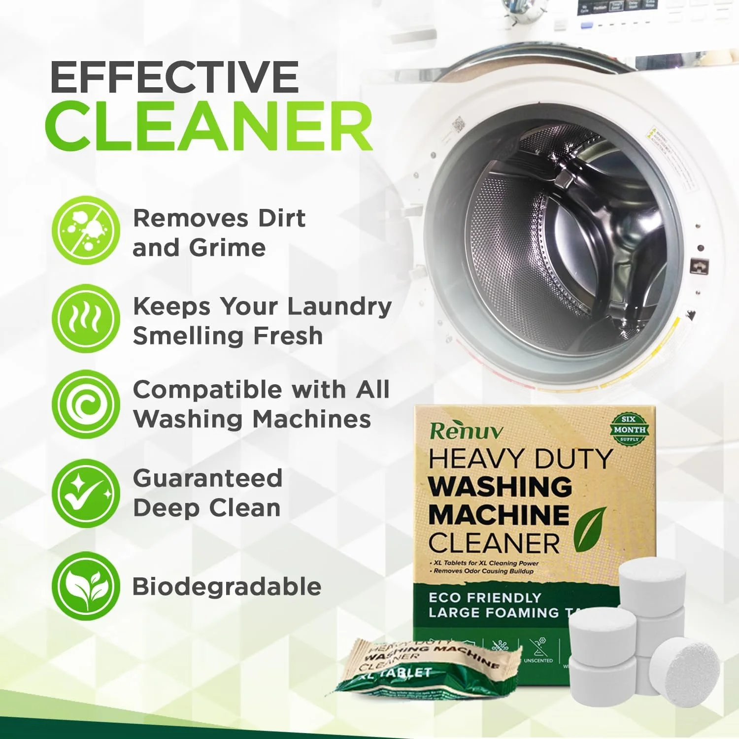 Renuv Washing Machine Cleaner For Front Load, Top Load or HE, Slow Dissolving Huge 40g Eco Friendly Tablets For Maximum Effect Deep Clean Your Washer Where Others Fail