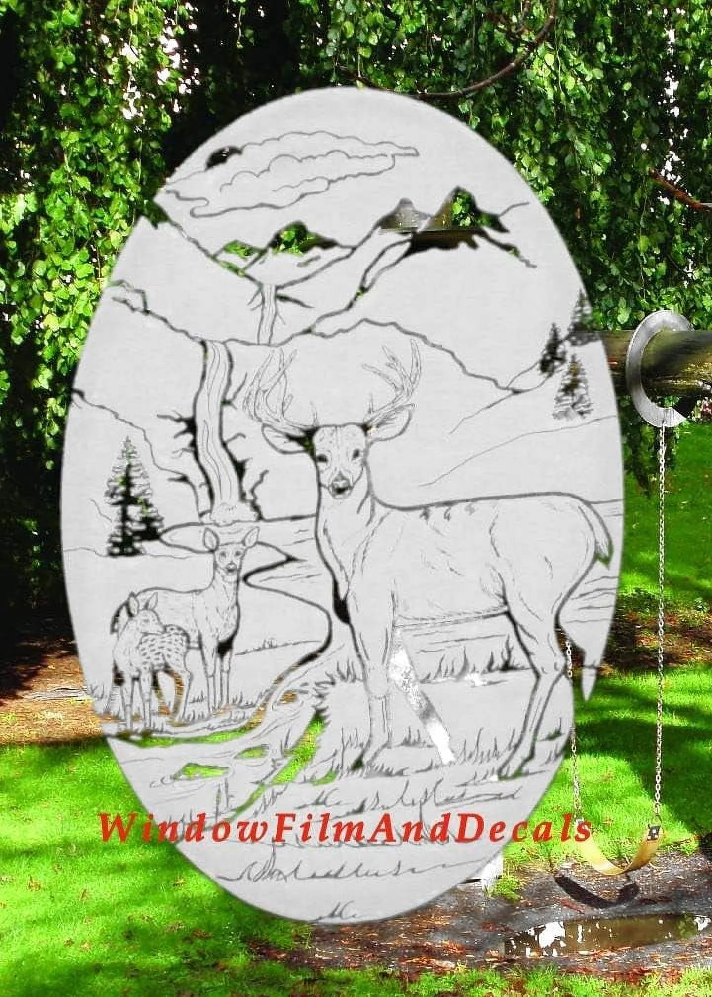 Deer Scene Oval Etched Window Decal Vinyl Glass Cling - 8