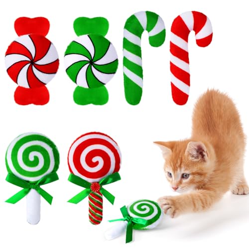 Poen 6 Pcs Christmas Catnip Cat Toys Peppermint and Candy Cane Cat Chew Toy Resistant Cute Soft Interactive Kitten Teething Toys Cat Pillow Gift for Indoor Cats Lovers(Peppermint)