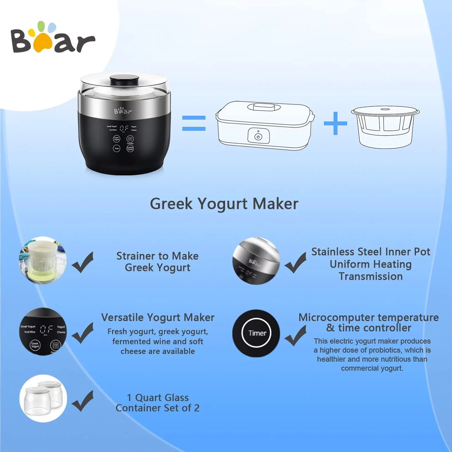 Bear Digital Greek Stainless Steel Yogurt Maker 2 *1QT Glass Jars