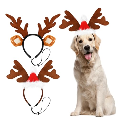 2 PCS Dog Elk Reindeer Antler Headband with Santa Hat, Pet Christmas Reindeer Antlers Headband with Adjustable Elastic Band, Xmas Elk Headwear Pet Costumes Accessories for Medium Large Dogs