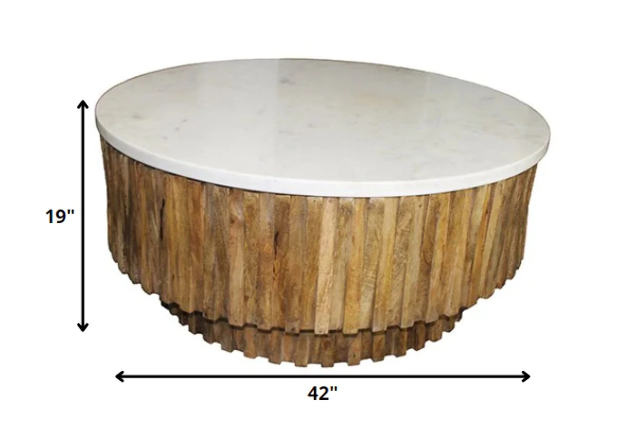 HomeRoots 400888 19 x 42 x 42 in. Round Marble Top & Wooden Strips Coffee Table, White & Brown