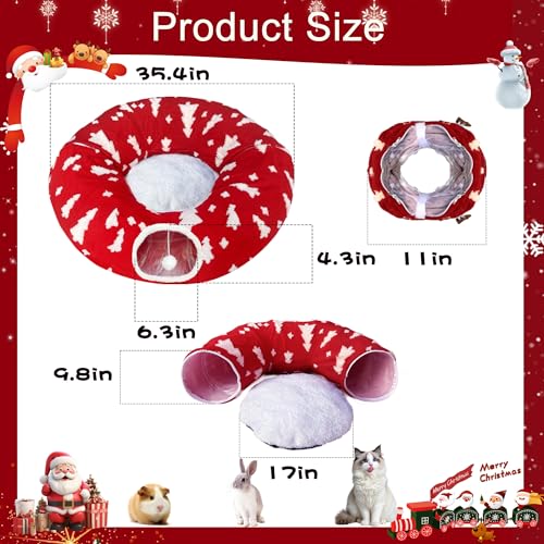 LUCKITTY Christmas Snowflake Print Cat Tunnel Under Tree, Velvet-Touch Jacquard Fabric with Hanging Plush Ball, 10-Inch Diameter 3-Ft Wide Round Pet Tube - Plush & Festive Cat Diversion Red