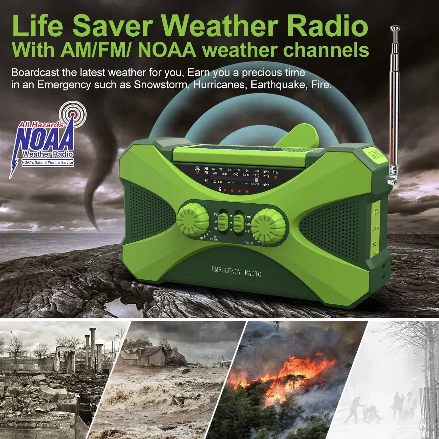 Emergency Weather Radio, AM FM NOAA Hand Crank Emergency Radio, 4000mAh Power Bank for Phone Charger Portable Solar Radio, Weather Alert, Flashlight for Emergency