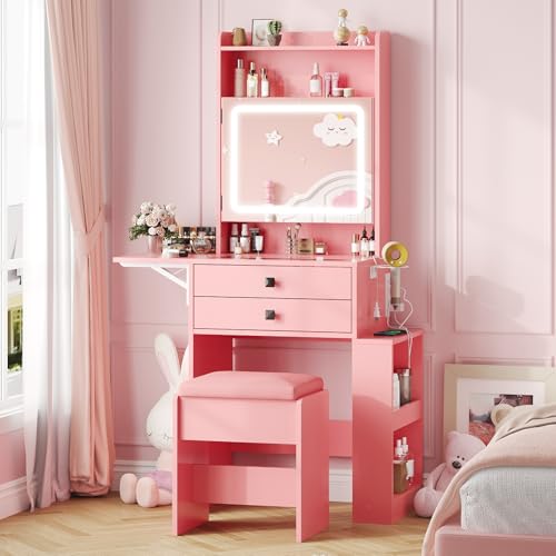 Vabches Small Makeup Vanity Desk with 3 Adjustable Lighted Mirror, White Vanity Set with Fold-up Panel and Charging Station, Glass Top Dressing Table with Drawers and Chair, 2 Hidden Storage Shelves