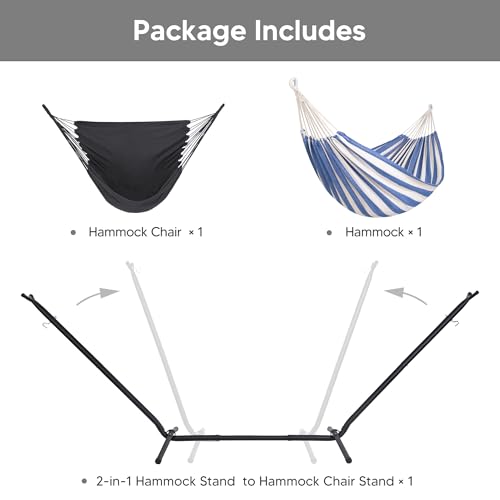 SUNCREAT 2-in-1 Hammocks Hammock Chair with Stand, 475 lbs Capacity, Heavy Duty Two Person Hammock with Stand, Patent Pending, Blue Stripe