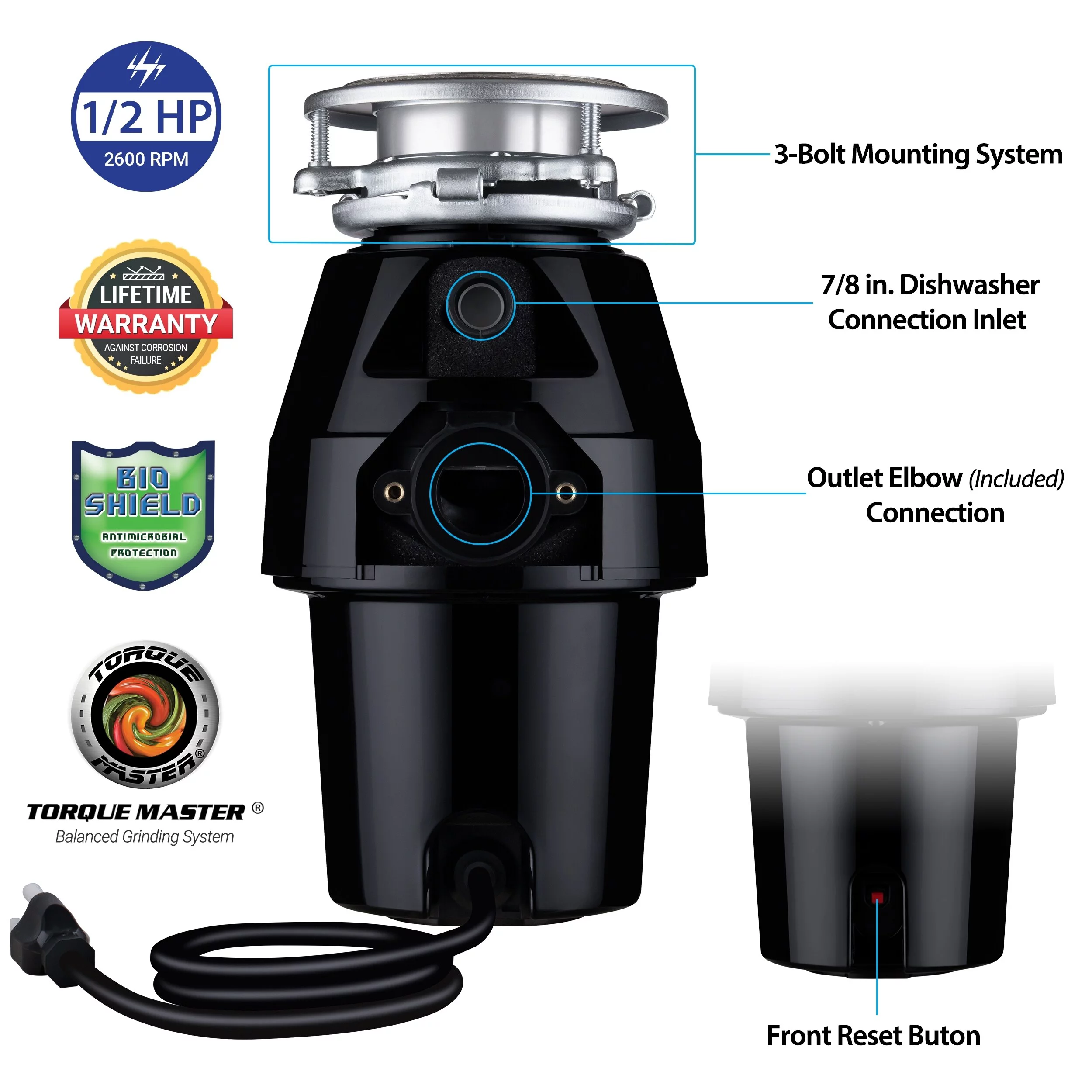Bone Crusher 1/2 HP Mid Duty Garbage Disposal 3-Bolt, Black - 1/2 hp