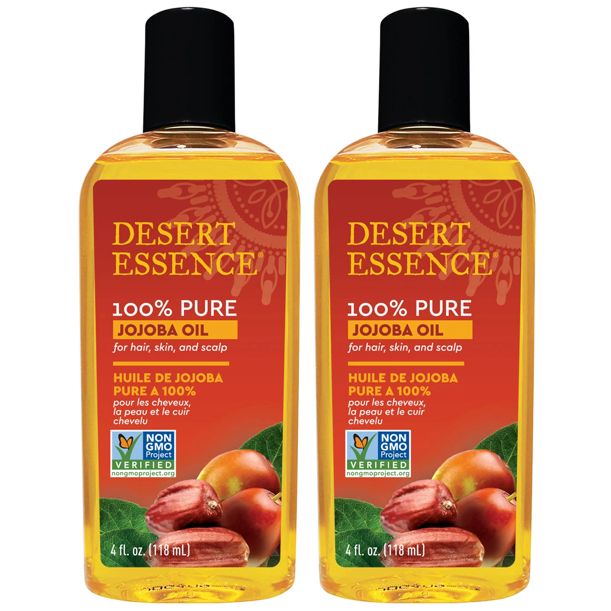 Desert Essence 100% Pure Jojoba Oil - 4 Fl Oz - Pack Of 2 - Haircare & Skincare Essential Oil - All Skin Types - No Oily Residue - May Help Prevent Flakiness - Makeup Remover - Aftershave Moisturizer