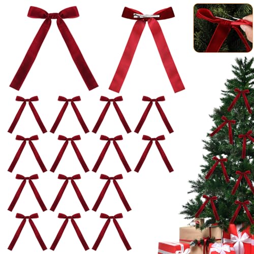 16 Pcs Vintage Christmas Tree Red Bow Ornaments with Clip Burgundy Clip Velvet Bows Ribbon with Easy 5.1x7.1 Inch Pre-Tied Small Ornaments for Xmas Decorations Wreath Gift Indoor Outdoor