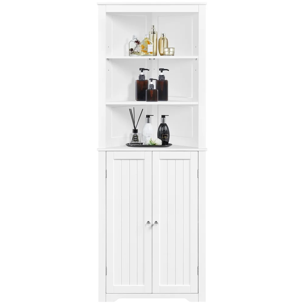 Topeakmart 64.5″ H Wooden Corner Cabinet with Open Shelf for Bathroom, White