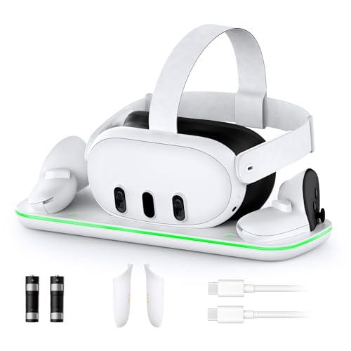 NexiGo Enhanced Charging Dock with LED Light for Oculus/Meta Quest 2, [Support Elite Strap with Battery], Headset Display Stand and Controller Mount, 2 Rechargeable Batteries, White