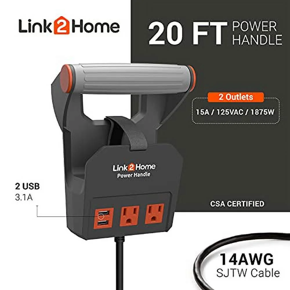 Link2Home Power Handle Extension Cord, 20 ft . 14AWG, 2 Outlets 15A