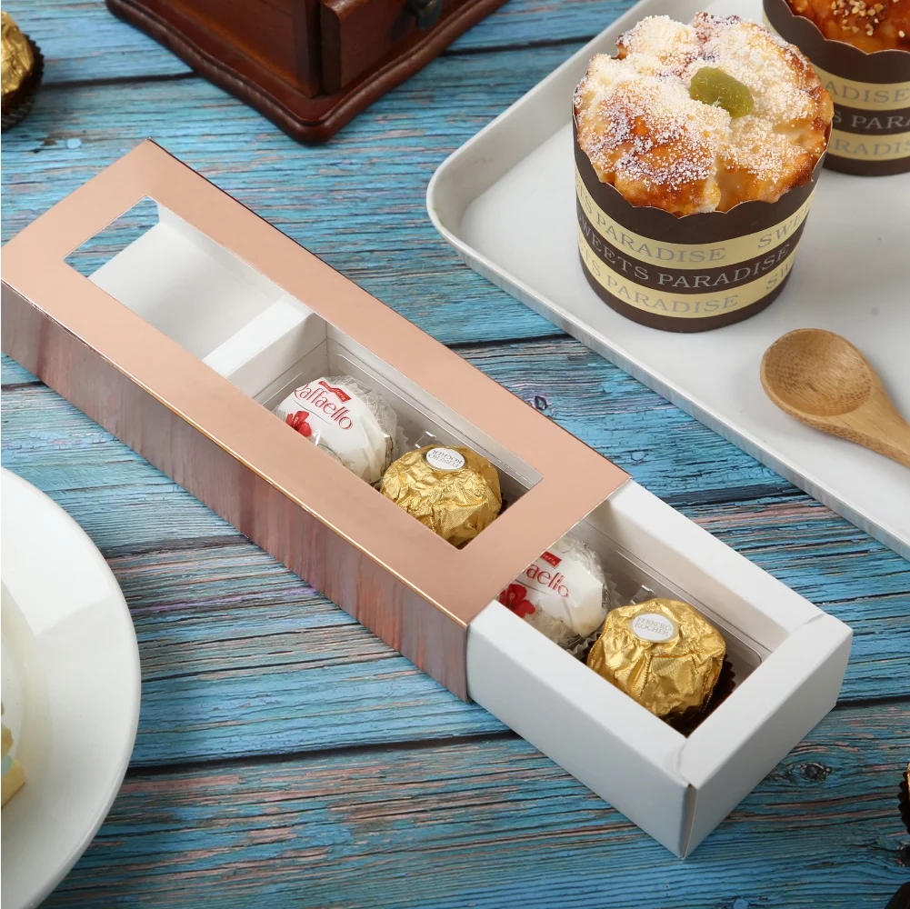 PKGSMART 20 Rose Gold Truffle Box, Chocolate Box Packaging, Candy Boxes with 4-Piece Plastics Tray, 6.2x1.7x1.25 inches
